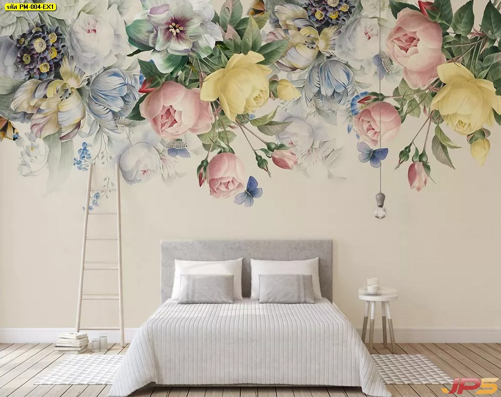 Print Wallpaper ลายดอกไม้สีพาสเทล พื้นหลังสีขาว