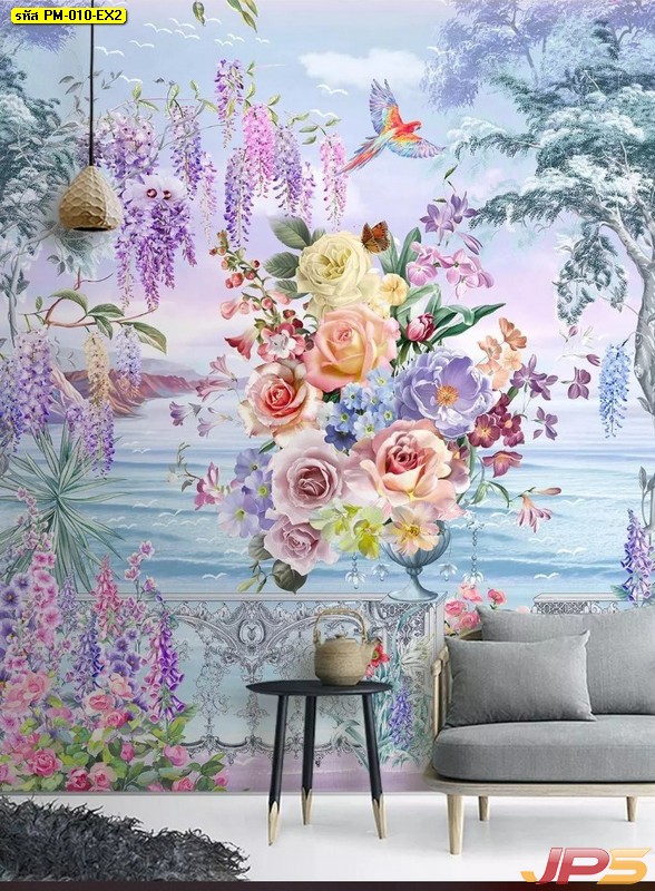 Print Wallpaper ลายดอกไม้หลากสีริมทะเล