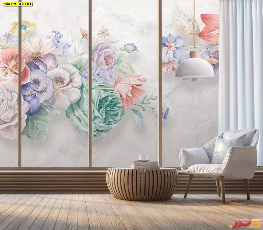ปริ้นวอลเปเปอร์ราคาถูก ลายดอกไม้หลายสี พื้นหลังสีเทา
