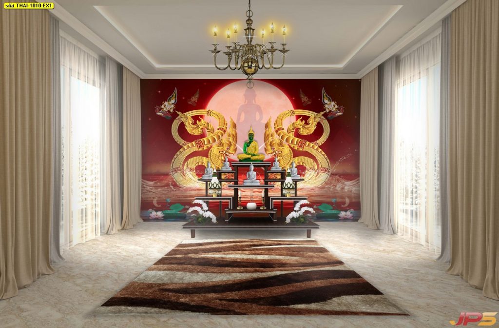 ลายพญานาคคู่สีทอง พร้อมพระพุทธเจ้าในพระจันทร์เต็มดวงใหญ่ พื้นหลังสีแดง
