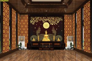วอลเปเปอร์ตามสั่ง ลายพญานาคคู่ ใต้ต้นโพธิ์ คืนพระจันทร์เต็มดวง พื้นหลังสีน้ำตาล