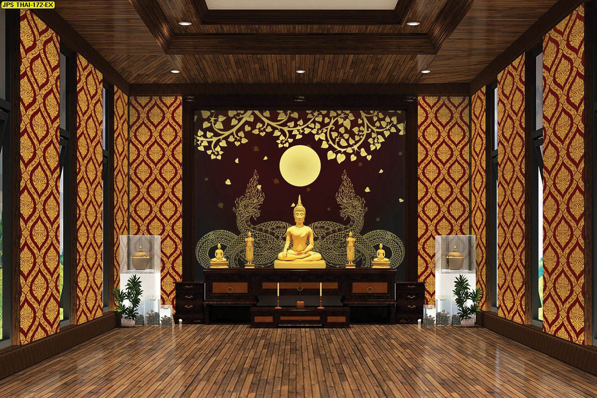 วอลเปเปอร์ตามสั่ง ลายพญานาคคู่ ใต้ต้นโพธิ์ คืนพระจันทร์เต็มดวง พื้นหลังสีน้ำตาล