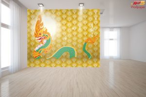 วอลเปเปอร์สั่งทำผ้าซาติน ลายพญานาคสีเขียว พื้นหลังสีเหลืองทองลายไทย