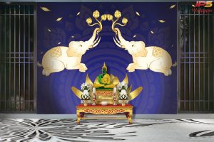 วอลเปเปอร์หมึกกันน้ำลายช้างเผือกคู่ยกงวงชูดอกบัว บนดอกบัวบานสีทองสวยงาม พื้นหลังลายไทยสีน้ำเงิน