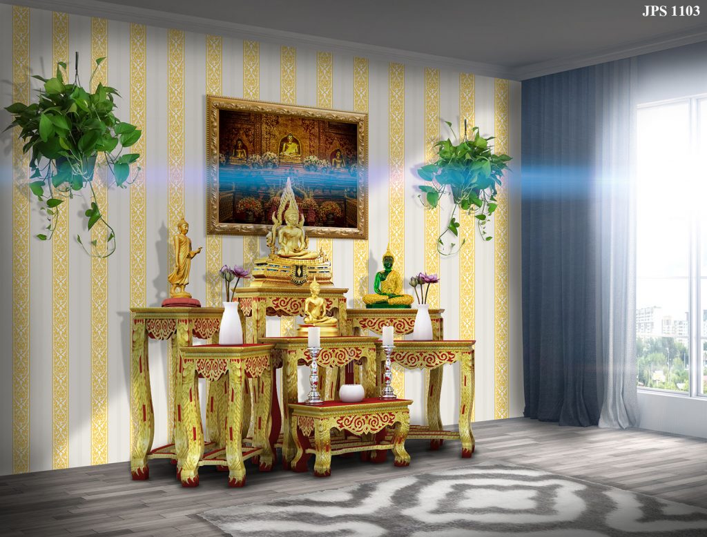 วอลเปเปอร์ติดผนังลายกนกไขว้ช่อหางโต สีทองพื้นขาว วอลเปเปอร์ลายไทยตกแต่งห้องพระ