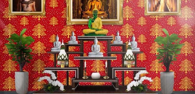 วอลเปเปอร์ไวนิลลายต้นโพธิ์ทอง ใบโพธิ์เงิน พื้นสีแดง ตกแต่งห้องพระให้สวยขึ้น