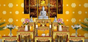 ตกแต่งห้องพระให้สวยขึ้นด้วย วอลเปเปอร์ติดผนังลายดอกดาว โทนสีเหลือง
