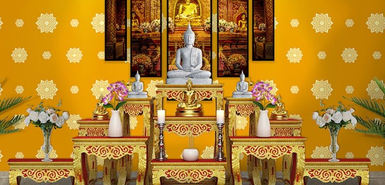 ตกแต่งห้องพระให้สวยขึ้นด้วย วอลเปเปอร์ติดผนังลายดอกดาว โทนสีเหลือง