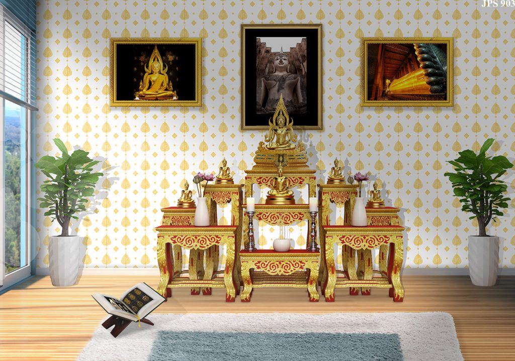 วอลเปเปอร์ไวนิลลายไทยราคาถูก ลายใบโพธิ์ สีทองพื้นขาว